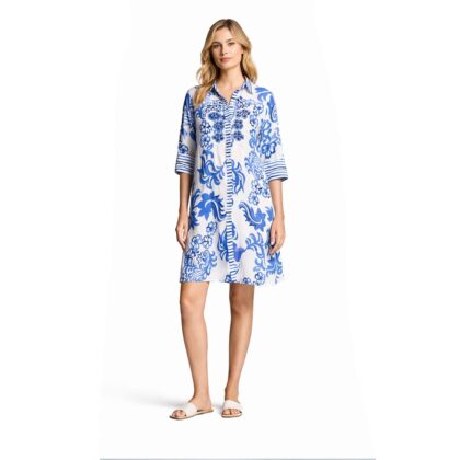 Iconique Abito a camicia chemisier donna con stampa floreale blu e maniche 3/4