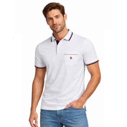 Marbas Polo Uomo in Filo di Scozia Collo con Dettagli a Contrasto,52406-100 bianco