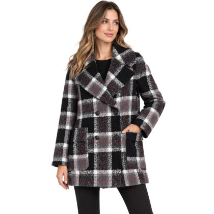 Giulia Valli Cappotto Donna Doppiopetto Fantasia Check a Quadri – Nero, Grigio e Bianco con Dettagli Rossi ggb750
